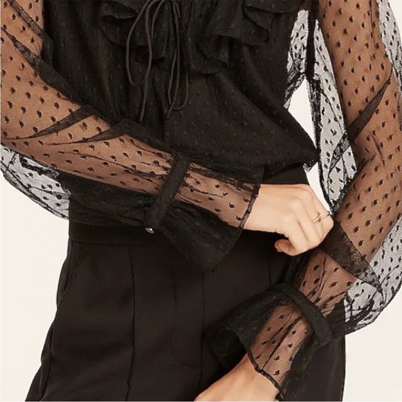 NWT J.Crew Ruffleneck top in clip dot black sheer sleeves BD756 size XS - Picture 2 of 15